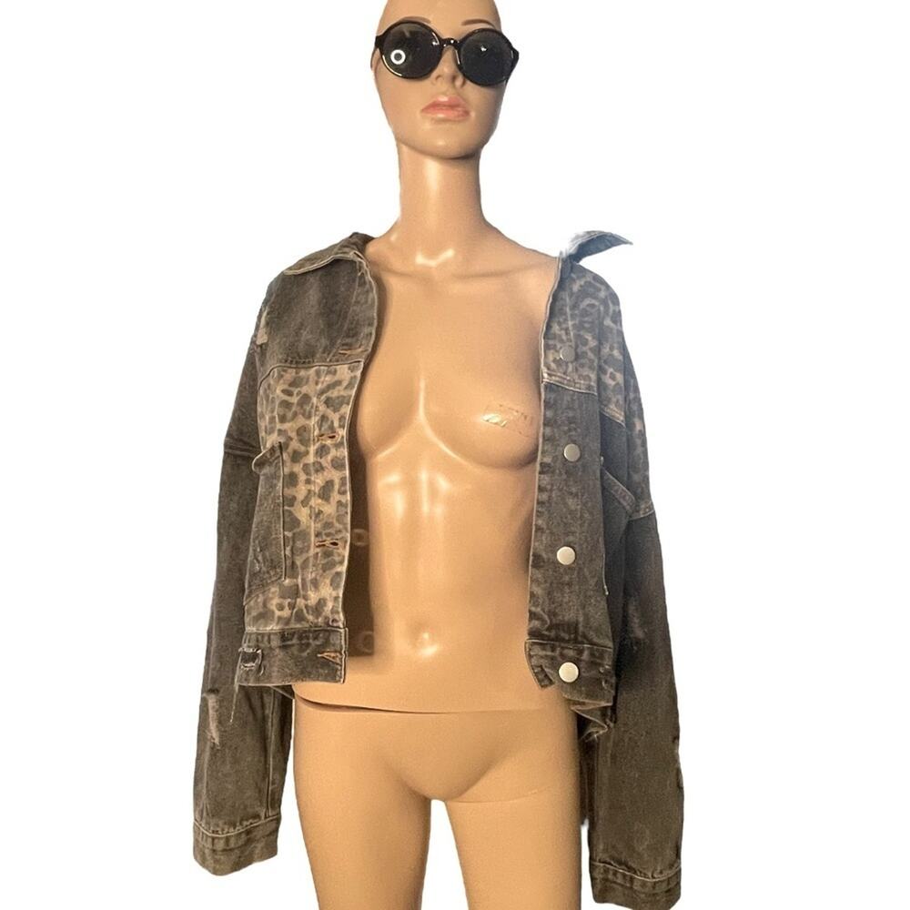 POL Denim JACKET Womens L Black Distressed Long Sleeves Animal Print Patchwork